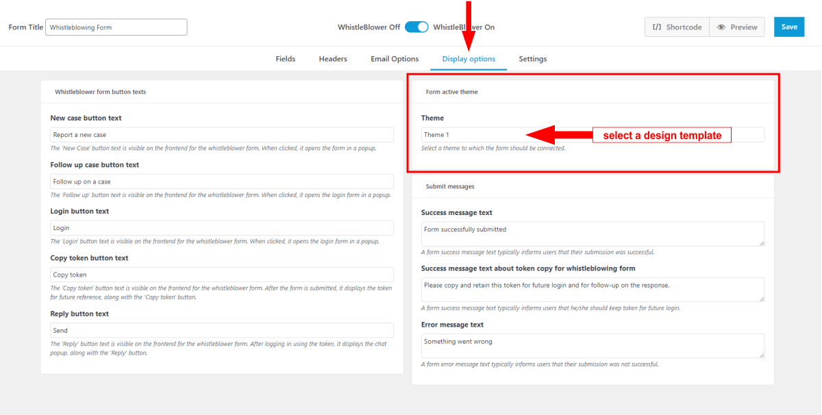 Whistleblowing System WordPress-Plugin-Form Management Anzeigeoptionen