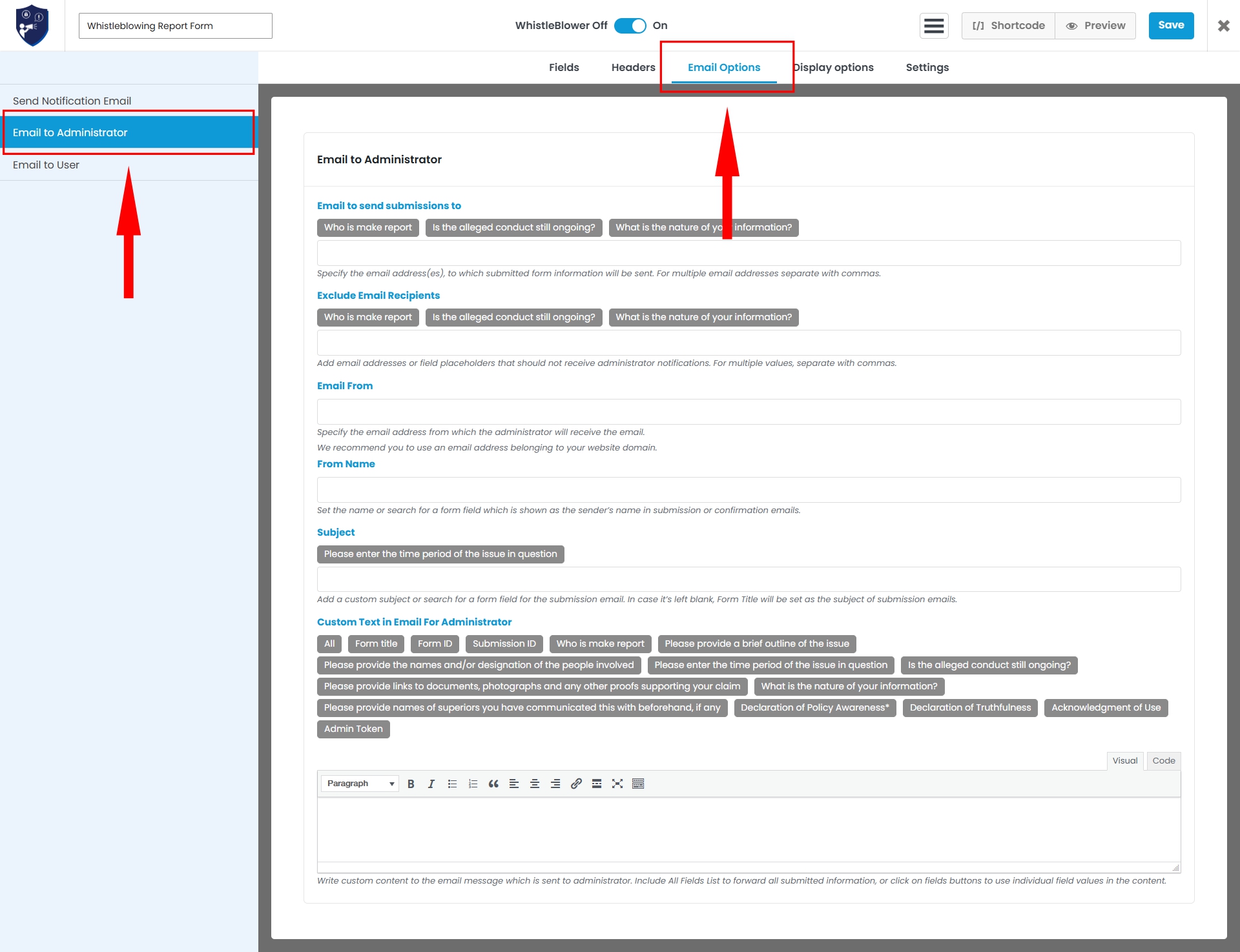 Form Email Settings